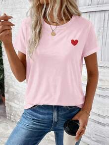 Selamara Women's Spring/Summer New Arrival Hot Selling Heart Print Round Neck Short Sleeve Casual All-Match T-Shirt - Baby Pink - View 4