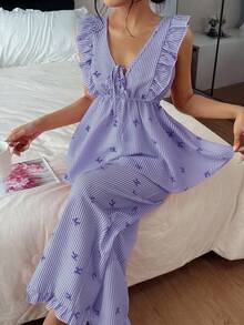 SHEIN 2pcs Summer Ruffled Trim Striped Bow Print Pajama Set - Purple - View 3