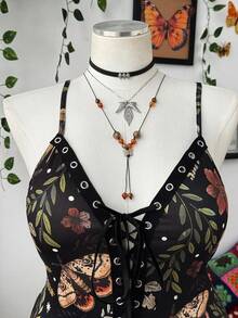 Sunspun Plus Size Dark Style Printed Eyelet Tape Decor Camisole - Multicolor - View 4
