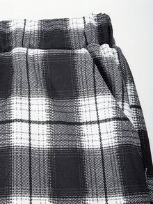 两件套青少年春夏休闲简约针织牛奶丝星形印花无袖露脐上衣和黑白格子数码印花宽松长裤套装 - 黑與白 - 查看 5