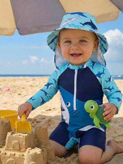 Newborn Baby Casual Slim Fit Shark Print Round Neck Long Sleeve One-Piece Swimsuit, Suitable For Summer