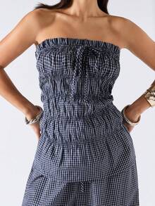 LYSMO Bộ đồ nữ thường ngày kẻ caro gồm áo quây và quần, thích hợp cho mùa hè. - Màu xanh hải quân - Xem 6