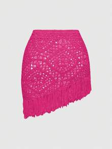 ROMWE Women's Fairycore Crochet Tassel Vacation Style Skirt - Hot Pink - View 2