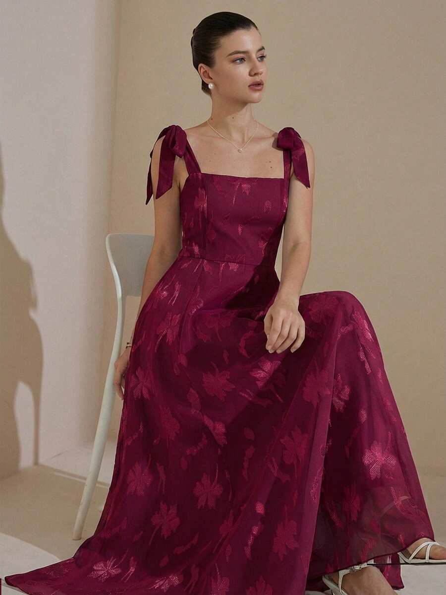 BELROSIE French Design Luxurious Elegant Burn-Out Camisole Tie-Up Waist Flared Sleeveless Dress - Burgundy - View 1