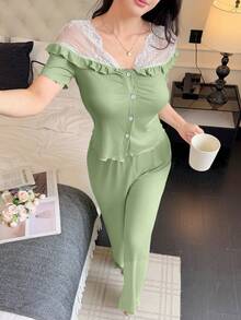 SHEIN Women's French Style Off-Shoulder Lace Patchwork Short Sleeve Pajama Set - Green - View 7