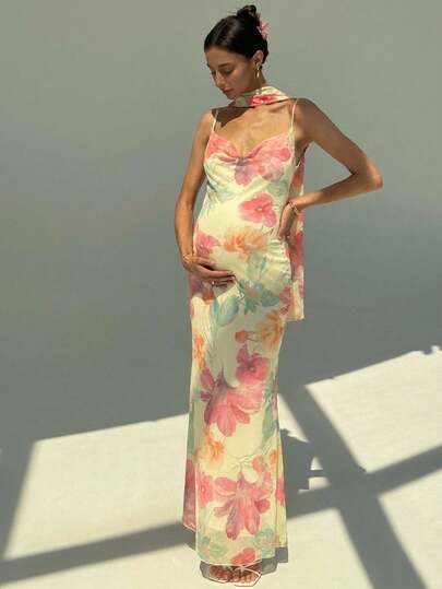 SHEIN 孕妇碎花垂褶修身夏季吊带连衣裙