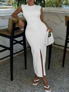 Slaydiva 早春新款、春夏音乐节、情人节、复活节、波西米亚风、游牧风、休闲风、简约基础风、邮轮派对、生日派对、日常约会、休闲度假、优雅通勤、花园、袖套、假口袋套、装饰、前中高开衩至大腿、白色连衣裙、女士长裙 -A - 白色 - 查看 6