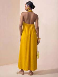 Zivah 2025春季新款音乐节休闲度假芥末黄露背吊带A字连衣裙 - 黃色 - 查看 2