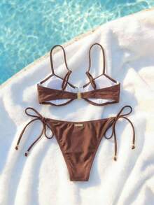 SHEIN Aralina-E 3 Piece Set Underwire High Cut Tie Side Bikini Summer Spring Swim Vacation Beach Sexy Three Piece Set Swim Bag - Coffee Brown - View 9