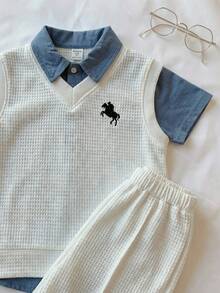 SHEIN 3件套男童舒适百搭日常休闲时尚学院风撞色拼接藏蓝色背心短裤搭配白色针织Polo衫，适合春夏季节、日常生活、运动、校园活动、聚会、节日庆典、演出、摄影、返校季等场合。 - 彩色 - 查看 7