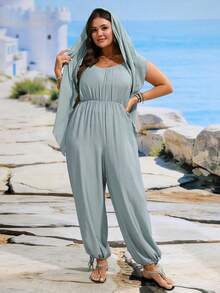 SHEIN LUNE CURVE Camiseta sin mangas de cuello en V de color gris claro sólido talla grande para mujer con cintura anudada, mono de pierna ancha + falda con volantes anudados, estilos multiusos para vacaciones, viajes, casual, retro, citas, mono elegante, nueva llegada de verano - verde menta - Ver 5