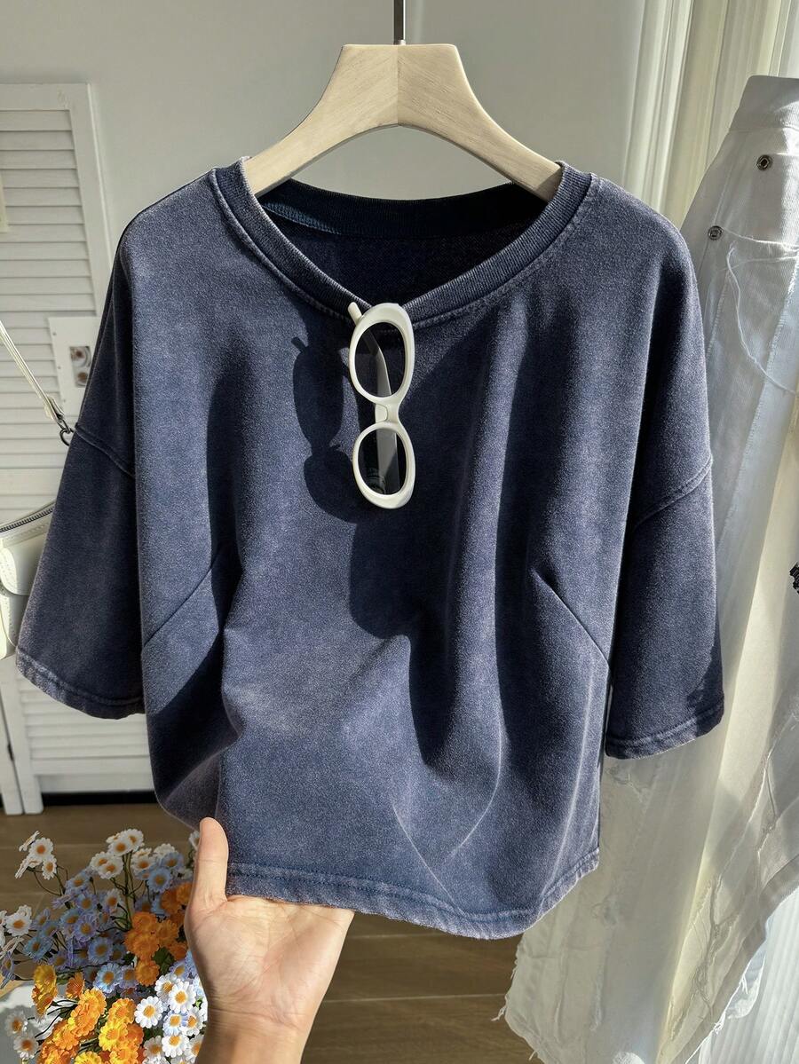 Comfortcana Plus Size Cream Washed Snow Flake Short Sleeve T-Shirt, Spring - Navy Blue - View 1