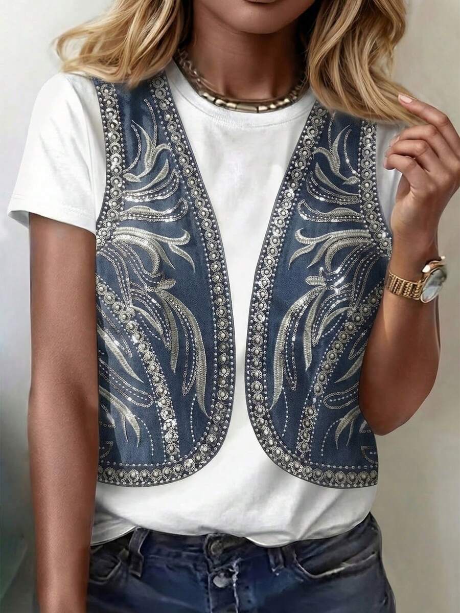 Áo thun nữ phong cách miền Tây nước Mỹ cổ điển, thêu họa tiết cao bồi giả, đính sequin, dáng rộng, cổ tròn, kiểu dáng thường ngày. - Nhiều màu - Xem 1