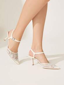 CUCCOO CHICEST 女士时尚尖头米色刺绣网纱仿珍珠派对优雅踝带细高跟鞋，适合圣诞节、婚礼、春季等场合，优雅鞋履，新娘鞋 - 米色 - 查看 5