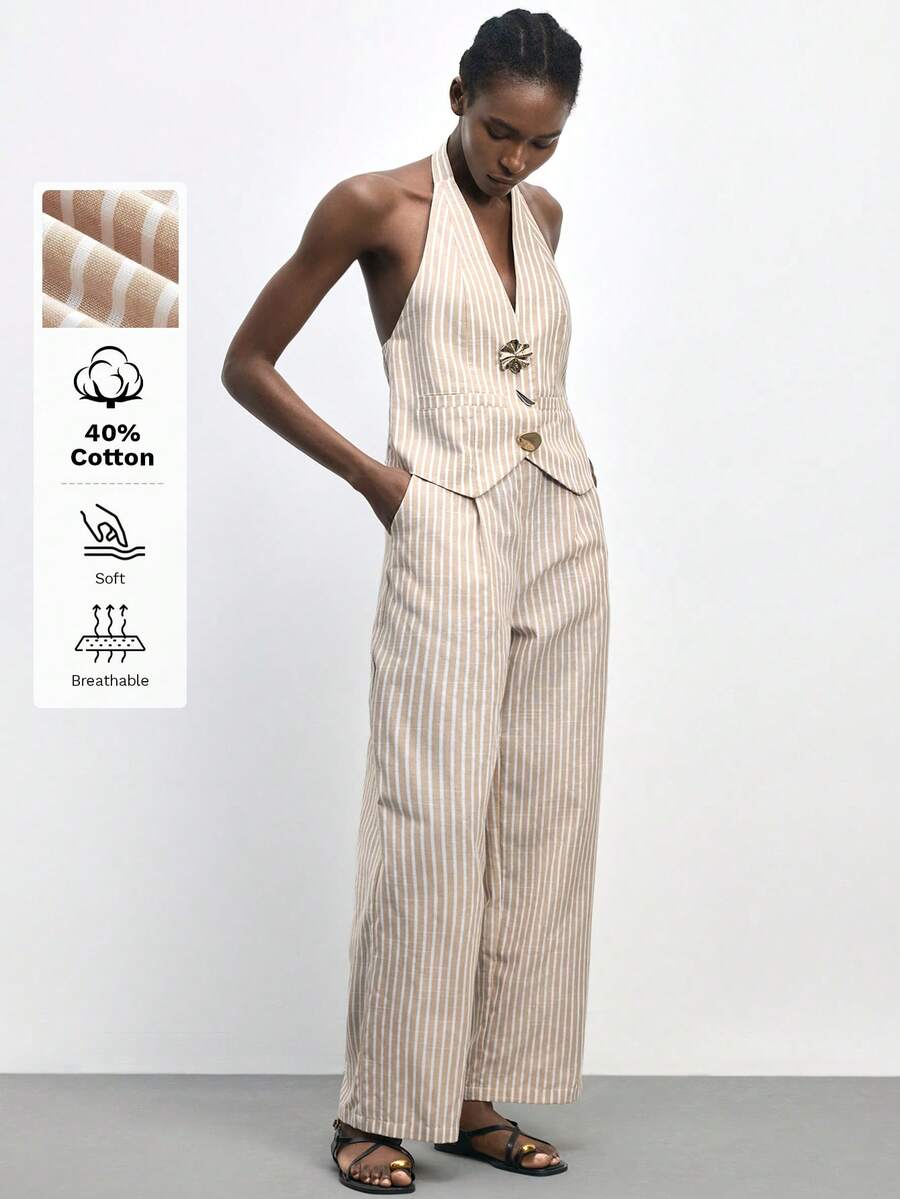 Maija Women's Striped Halter Top And Pants Set Summer Jumpsuit Woman Linen Jumpsuit Women Linen Outfit Pant Suit Summer Sets Resort Wear 2026 Cotton Sets For Woman, Metal Buckle Design, Unique Striped Suit, Spring/Summer Resort Style, Summer Outfits, Summer Clothes, Spring Clothes Women , St Patrick's Day, Beach Outfit For Women, Cotton Jumpsuits For Woman Halter Jumpsuit - Multicolor - View 1