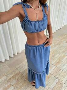 Sunnyshic 女士休闲度假牛仔露脐上衣和迷你裙套装 - 藍色 - 查看 9