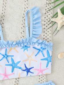 Young Girl Blue Starfish Print Swimsuit Set, Summer Beach - Blue - View 3