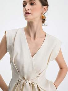 Aalyst 女士亚麻斜纹露肩宽松A字系带腰身休闲衬衫，适合街头、度假、办公室、通勤、春夏穿着 - 杏色 - 查看 5