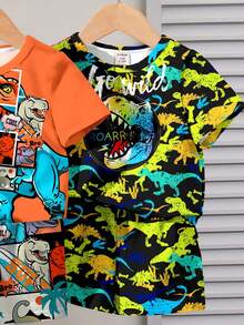 SHEIN 4件套男婴休闲卡通恐龙印花T恤套装，经典时尚，适合春夏度假穿着 - 彩色 - 查看 2