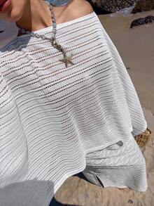 Livesso Pareo de playa elegante para mujer de tela texturizada semitransparente con hombros descubiertos y punto acanalado - Blanco - Ver 1