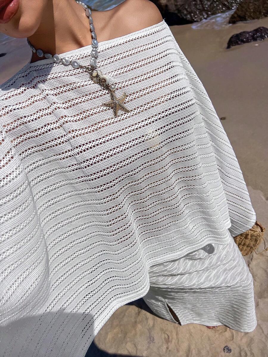 Livesso Pareo de playa elegante para mujer de tela texturizada semitransparente con hombros descubiertos y punto acanalado - Blanco - Ver 1