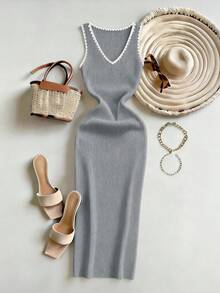 SHEIN Đầm nữ sang trọng, thời trang, phối màu cổ chữ V, kiểu dáng tối giản, thanh lịch, thiết kế mới mùa hè, đầm hai dây dệt kim ôm sát không tay phối màu tương phản, đầm ôm sát nữ tính, gợi cảm, thích hợp mặc đi làm hàng ngày. - Xám - Xem 5