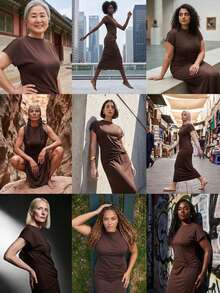 Maija Đầm ngắn tay cổ tròn màu nâu trơn cỡ lớn, mẫu mới cho Tết Nguyên Đán 2026, lãng mạn, thời trang, đa năng; thoải mái, thanh lịch, giản dị, thích hợp mặc hàng ngày hoặc công sở. - màu nâu - Xem 8