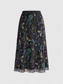 ROMWE Fairycore Jupe mini évasée style gothique sombre pour femmes avec imprimé chauve-souris, crâne, lune, citrouille - Noir - Voir 1