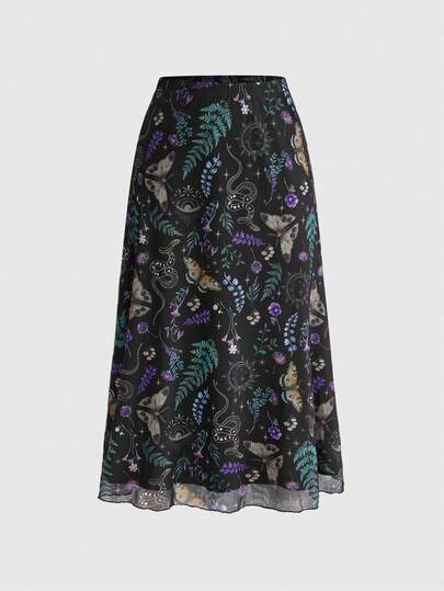 ROMWE Fairycore Women's Dark Gothic Style Bat, Skull, Moon, Pumpkin Print A-Line Punk Mini Skirt