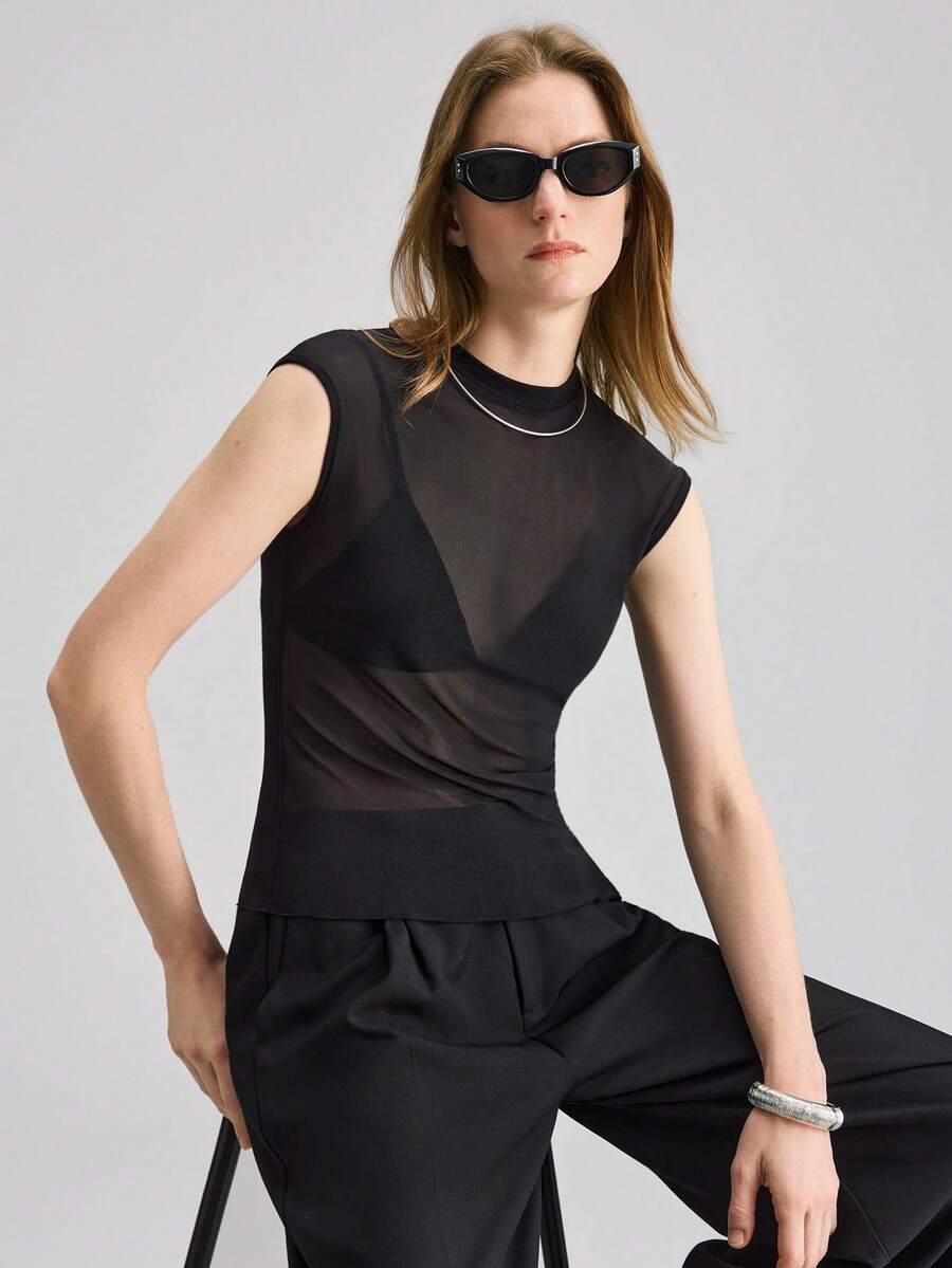Women's Stand Collar Mesh Sheer Sexy T-Shirt For Dates & Outings,Summer Top - Black - View 1