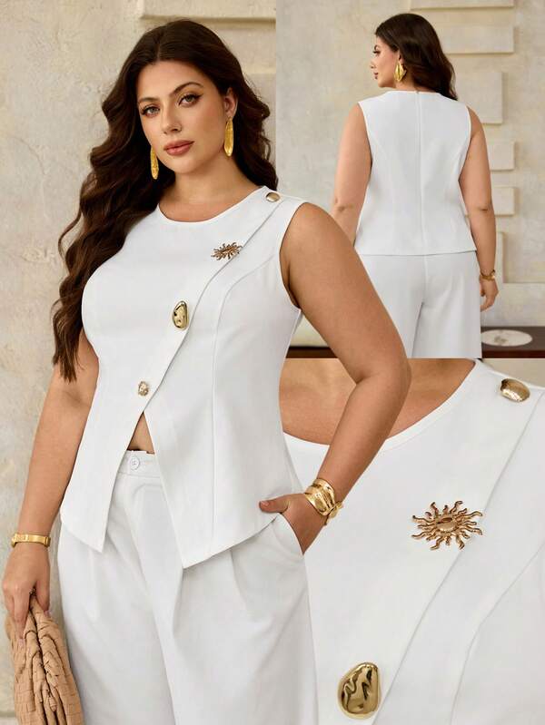 Roveilla Blusa sin mangas elegante y romántica con botones metálicos para mujer de talla grande, bajo en forma de A, cintura ajustada, adecuada para la oficina, uso diario, verano, atuendo de maestra, regreso a clases, citas, fiestas, top minimalista casual que ciñe la cintura