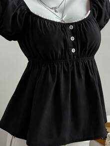 Elamini 女士夏季纯色方领短袖褶皱衬衫，方领泡泡袖上衣，夏季上衣，夏季服装，假日 - 黑色 - 查看 4