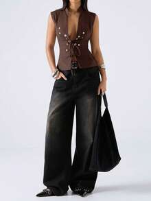 LYSMO 2026 New Minimalist V-Neck Sleeveless Tie-Front Button Decor Summer Vest For Women, Suitable For Outdoor, Work/Business Casual, Office Wear, As Well As Holiday/Boho Occasions - Brown - View 8