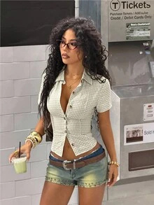 StreetHx Vintage Bubble Plaid Waist Gathered A-Line Streetwear Shirt For Women, Spring/Summer Latest Tops For Women New Arrivals Office Clothes For Women Latest Outfit For Women - Khaki - View 4