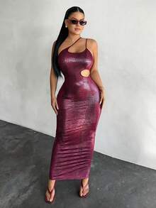 SHEIN SXY 女士露肩仿鳄鱼纹紧身连衣裙 - 淺粉色 - 查看 6