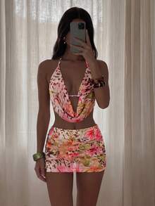 Bonvoyette 3件套夏季春假随机印花三角垂褶领性感优雅度假比基尼套装，配短款网纱裙，适合沙滩和泳池派对穿着 - 彩色 - 查看 6