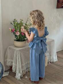 2件套女童浅蓝色牛仔荷叶边上衣和宽松裤子套装 - 淺色水洗藍 - 查看 5