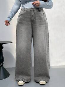 Dazy Plus Plus Size Plus Size Distressed Washed Wide Leg Long Denim Jeans,Baggy Jeans - Light Grey - View 3