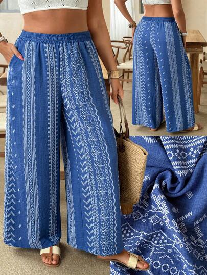 Ceyna Plus Size Women's French Style Casual Elegant Embroidered Print Pants