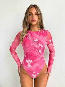 Siren Gaze Mono de manga larga con efecto tie-dye y plisado, top transparente de moda sexy para mujer, top de manga larga de verano, top rosa fucsia, top transparente de manga larga, top de malla rosa, top rosa rave, top rosa para mujer, top rosa Y2K para mujer, últimas blusas para mujer, nuevas llegadas de blusas de verano para mujer, conjunto de 2 piezas casual, blusas casuales para mujer, blusas elegantes y baratas para mujer - Rosa - Ver 4