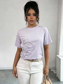 Selianne 简约百搭女士短袖T恤，饰有花朵泡泡图案 - 淡紫色 - 查看 1