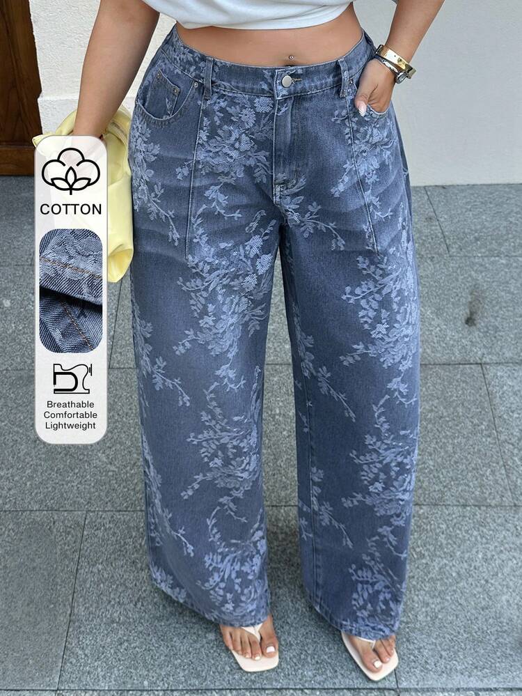 Dazy Plus Floral Print Loose Straight Leg Casual Jeans, Street Style, All Season