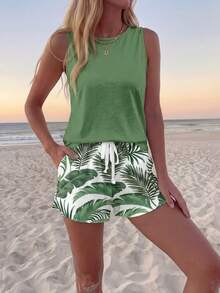 Sylviya Bộ quần short nữ mặc đi nghỉ mát, bộ đồ đi nghỉ mát cho nữ, họa tiết lá nhiệt đới. - Nhiều màu - Xem 4