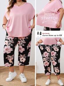 SHEIN CURVE+ Plus-Size Women's Pink Raglan Top T-Shirt And Floral Print Pants, A Two Pieces Set Suitable For Spring And Summer - Multicolor - View 1