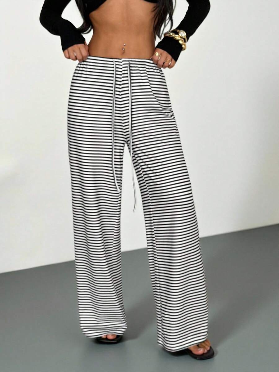 SHEIN PETITE 女士休闲针织条纹宽松阔腿长裤，舒适时尚，日常通勤