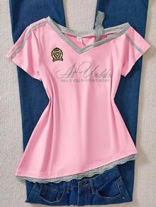 1pc Sweet American Style Fitted Splice Contrast Color Floral Print T-Shirt With Lace Trim, Summer - Pink - View 4
