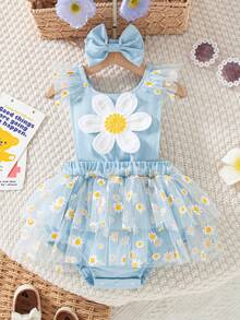 SHEIN 2件套女婴夏季新款圆领大碎花连体衣，带背带和网纱雏菊印花，休闲可爱套装+蝴蝶结发带 - 綠色 - 查看 1