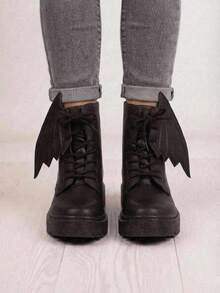 Botines de mujer con adornos de alas de suela baja - Negro - Ver 4