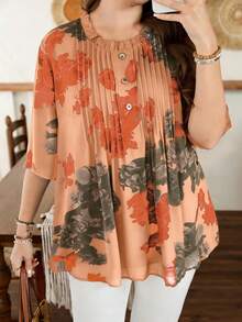 Lacomfia Áo kiểu nữ cỡ lớn dáng rộng bằng chiffon in họa tiết, chi tiết sọc phía trước, tay lửng, có lớp lót, thích hợp cho các dịp thường ngày vào mùa xuân và mùa hè. - trái cam - Xem 1