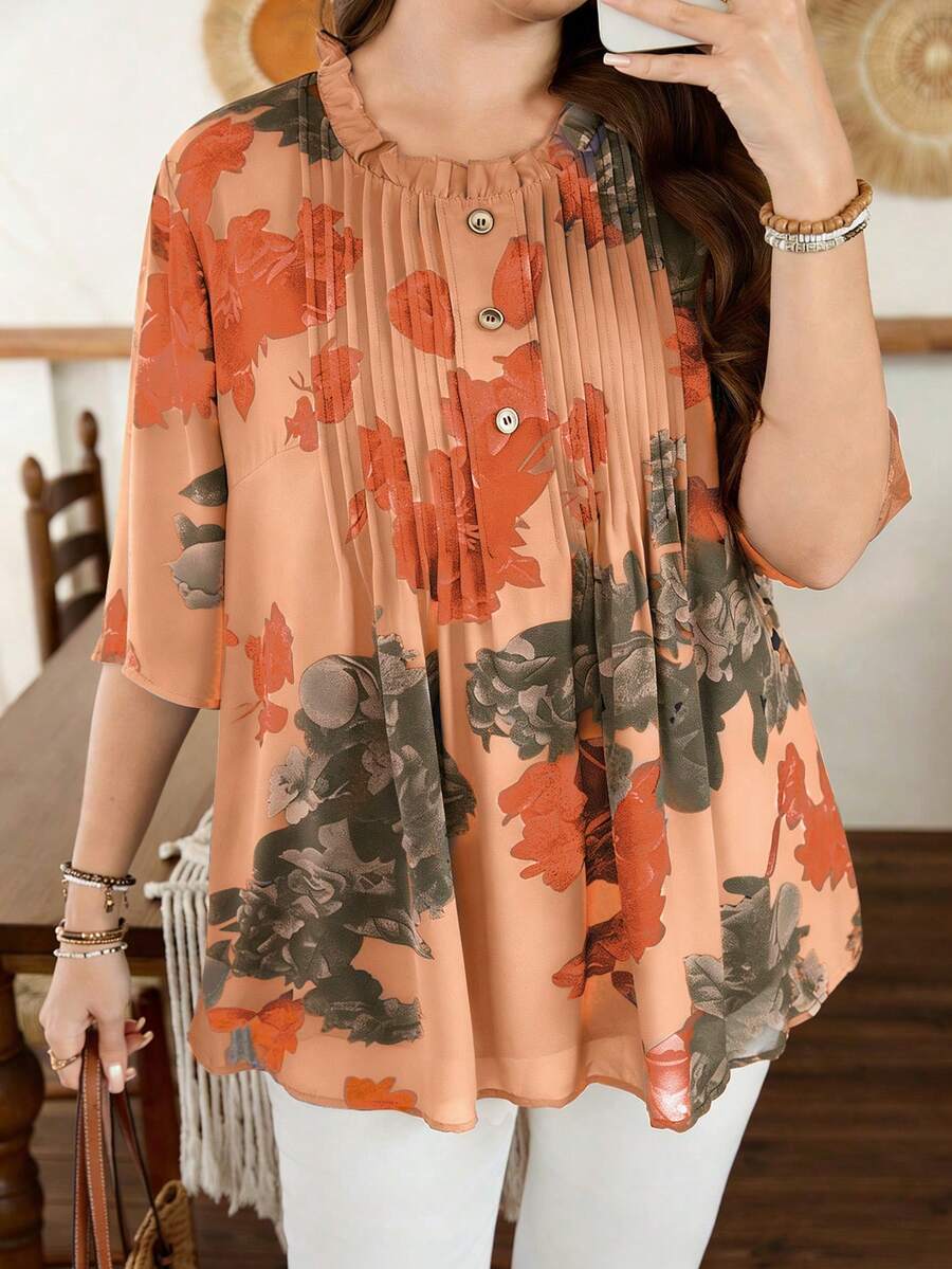 Lacomfia Áo kiểu nữ cỡ lớn dáng rộng bằng chiffon in họa tiết, chi tiết sọc phía trước, tay lửng, có lớp lót, thích hợp cho các dịp thường ngày vào mùa xuân và mùa hè. - trái cam - Xem 1